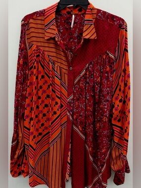Vintage Free People Bohemian Patchwork Blouse Button Down XL Orange Burgandy